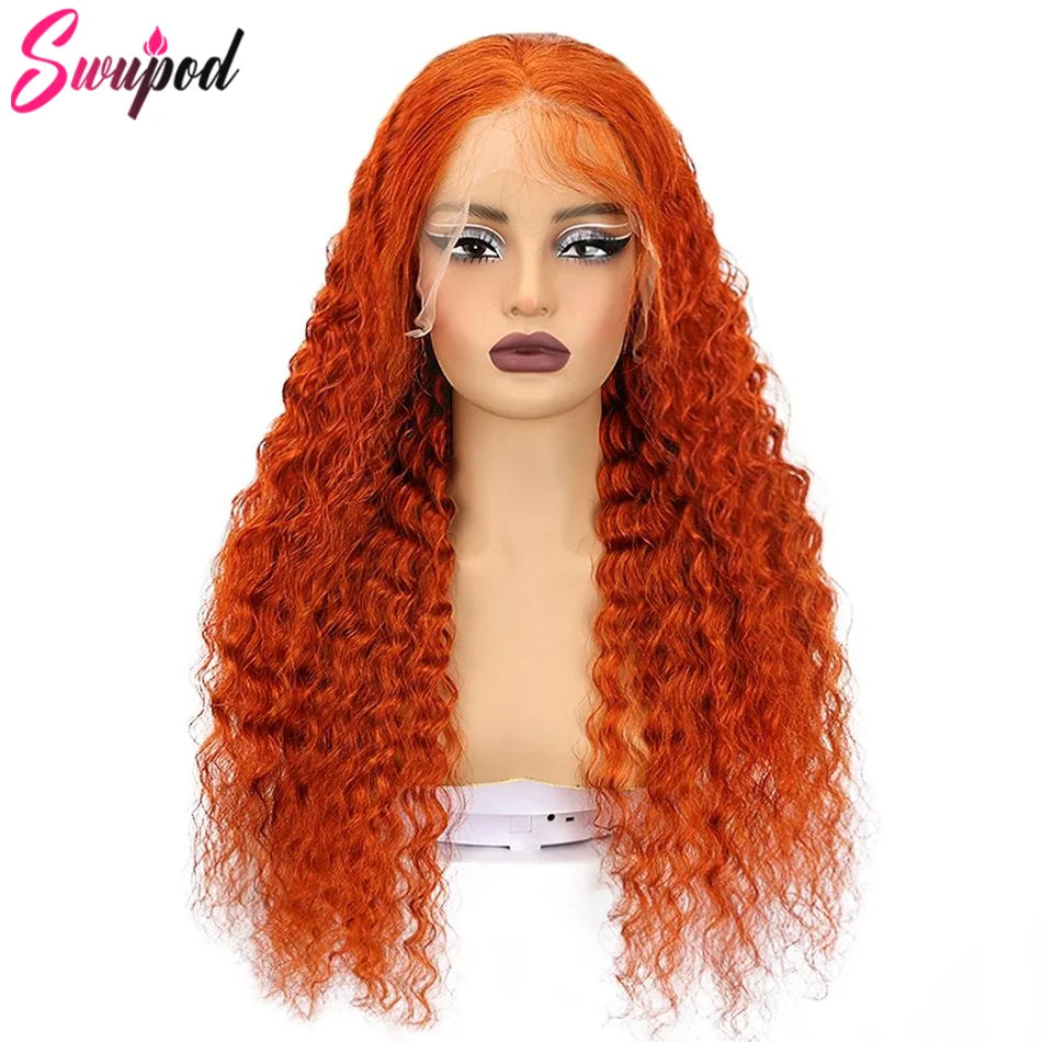 220% Density Transparent HD Lace Front Wig Wave Remy Human Hair Ginger Orange 350# Loose Curly