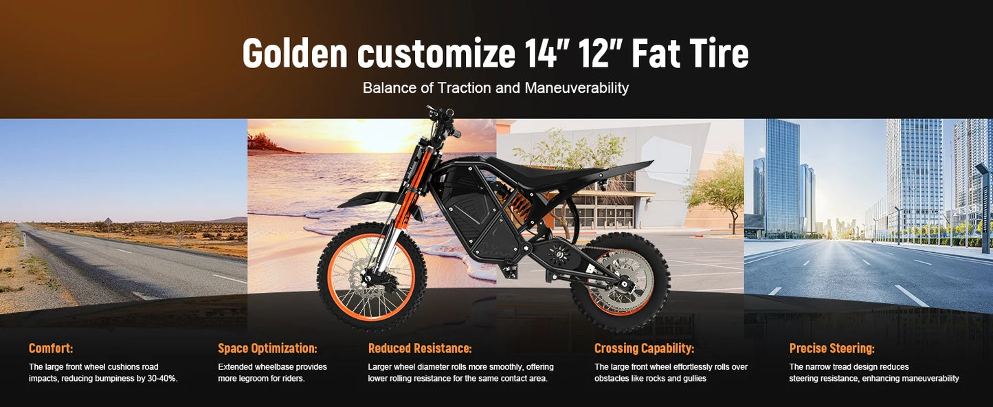 Electric Mini Dirt Bike for Teens & Adults, 14"/12" Fat Tire 3500W Electric Motorcycle, 48V23AH Battery Ebike 38MPH