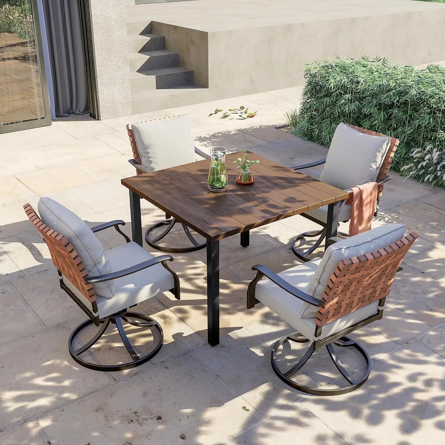 5-Piece Outdoor Dining Set, 4 Leather-Look Wicker Swivel Patio Chairs