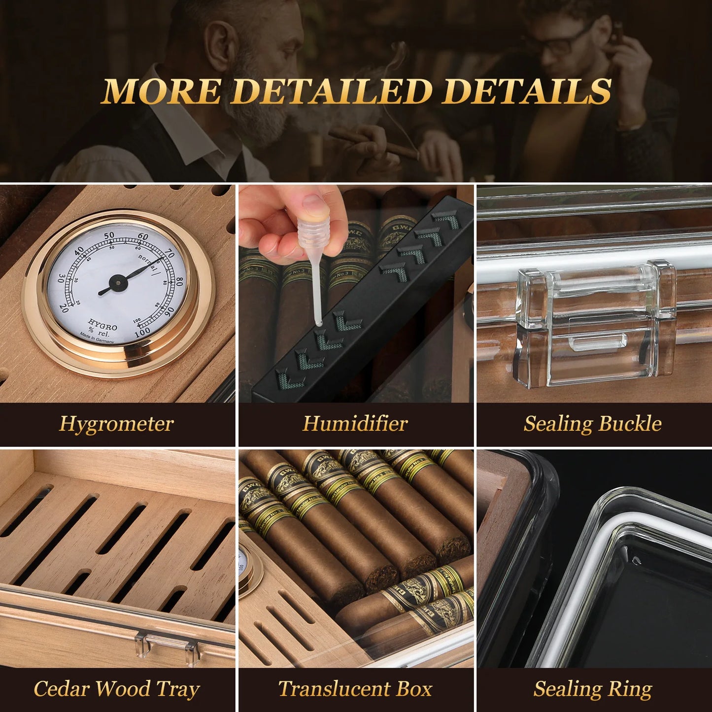 Acrylic Cigar Humidor, Clear Cigar Humidor Box with Hygrometer, Humidifier and Cedar Wood Tray, Can Hold About 20-30 Cigars