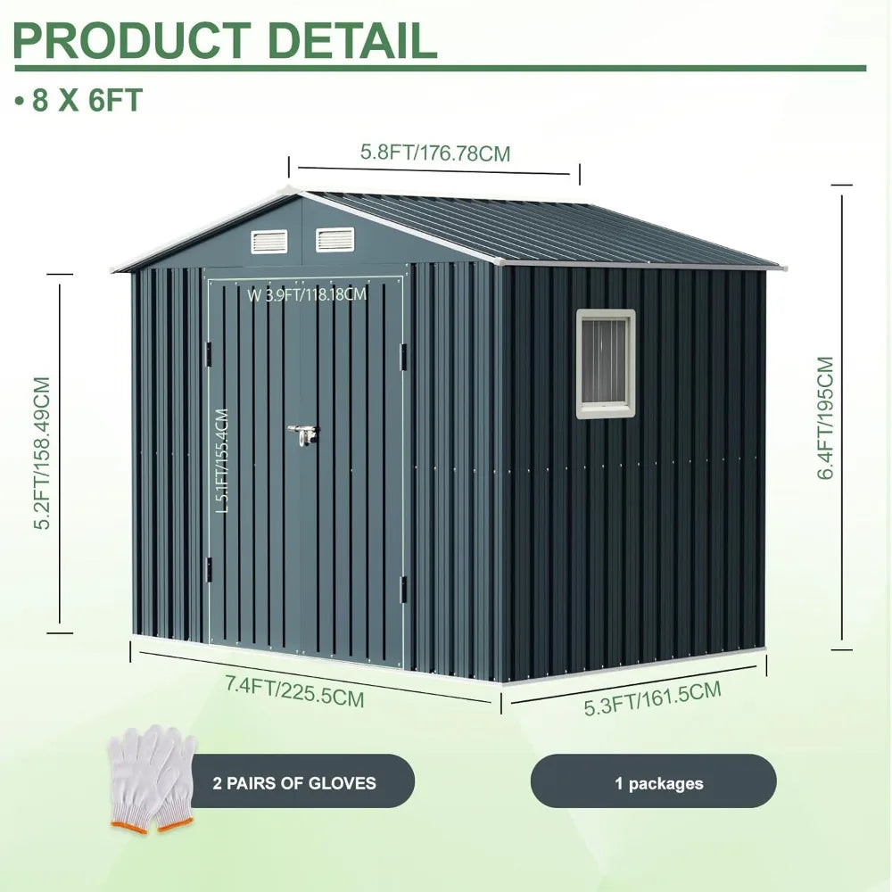 8x6FT Outdoor Steel Storage Shed with Clear Window, Lockable Doors,