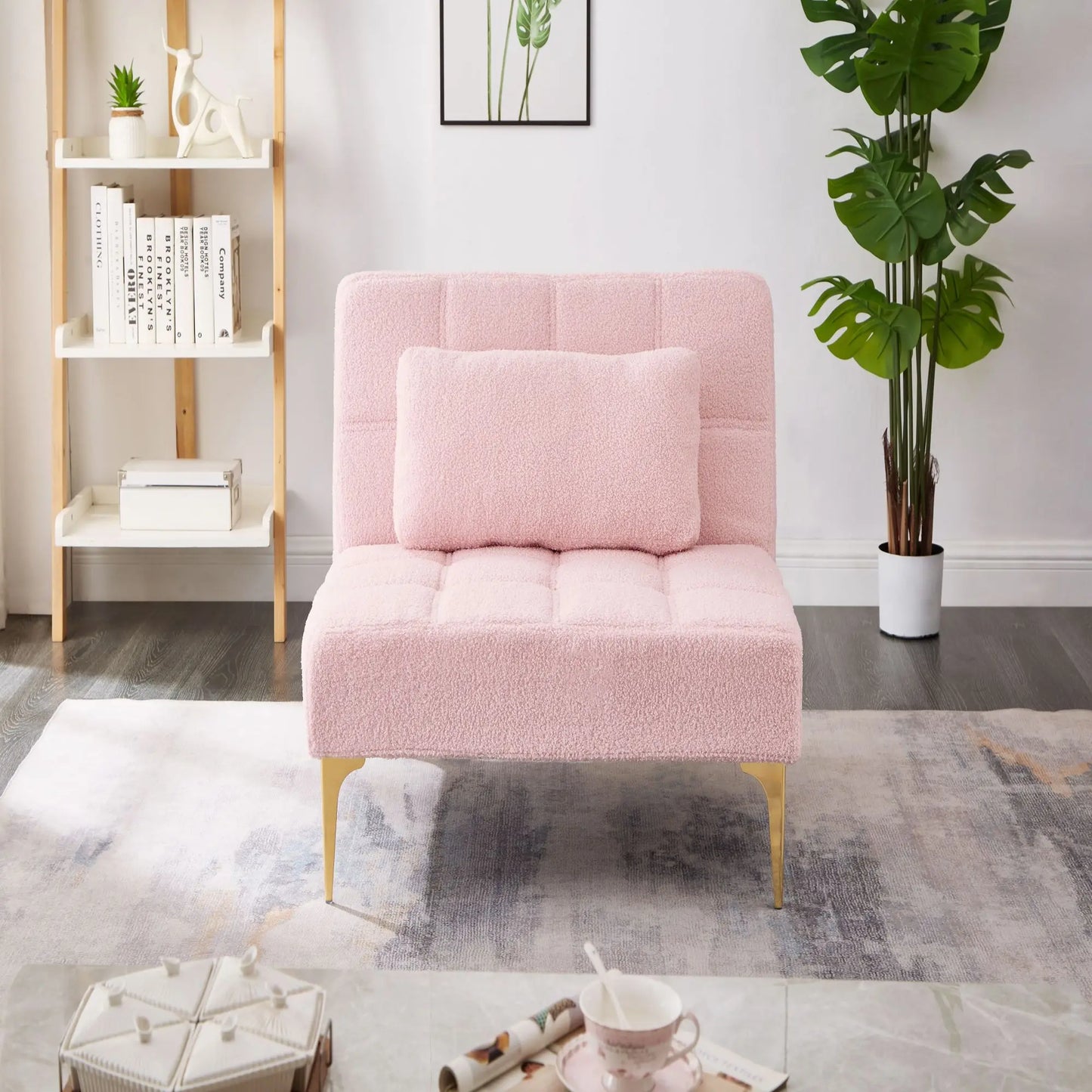 Multi functional convertible single sofa bed bedding and gold metal leg teddy cloth can withstand 300ibs (pink)