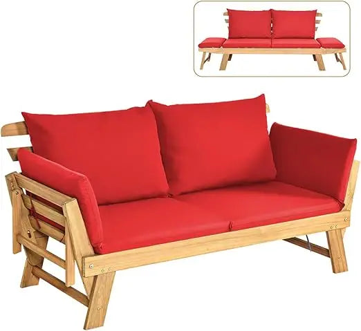 Convertible Acacia Wood Patio Couch Sofa Bed with Adjustable Armrest, Outdoor Daybed with Cushion & Pillows,