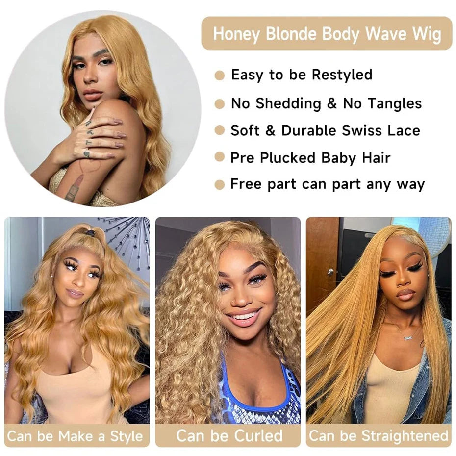 Blonde Body Wave Honey Lace Front Wig Human Hair #27 Colored Human Hair Wig Pre Plucked 13x6 HD Lace Frontal Wigs