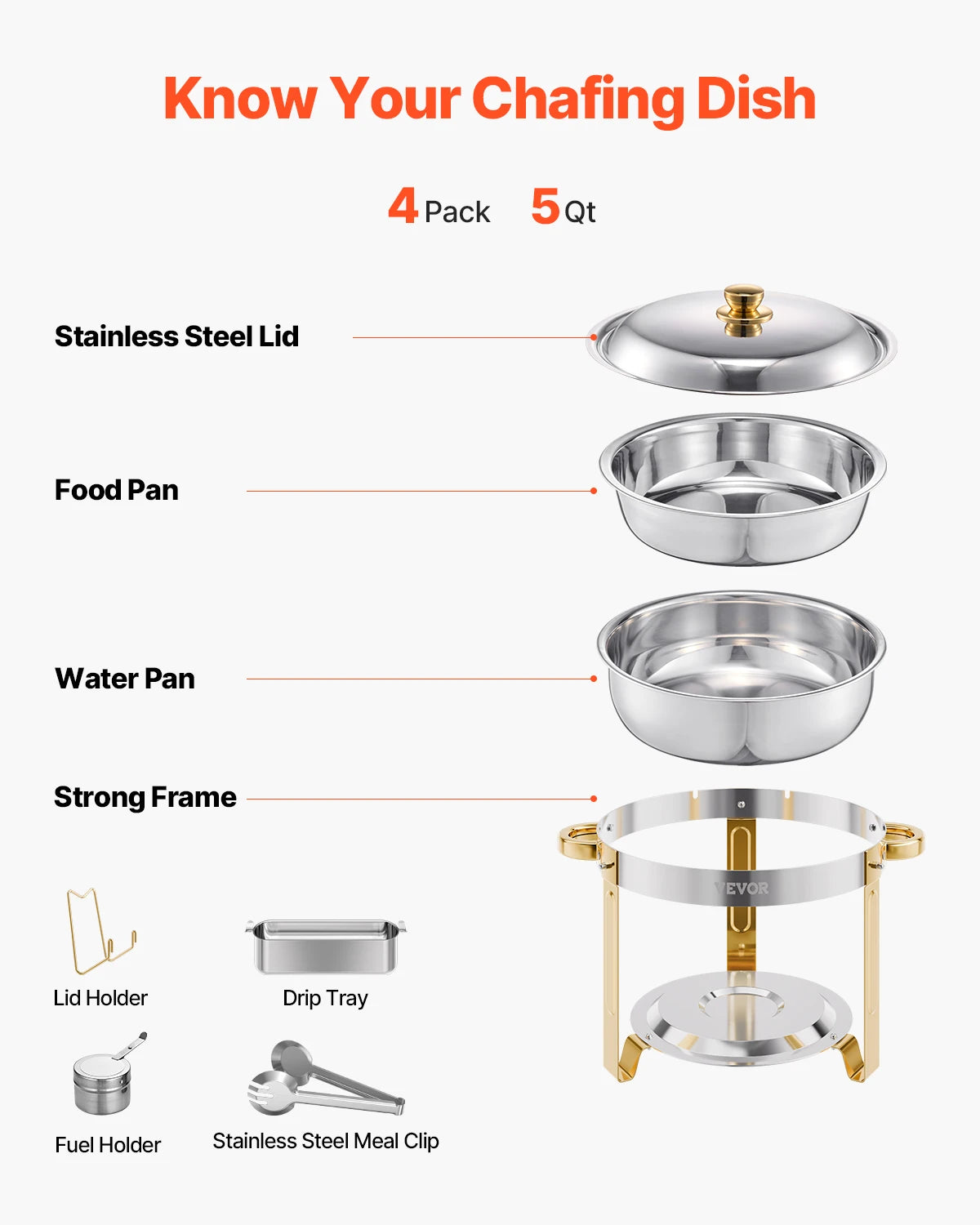 4 Pack Chafing Dish Buffet Se t Stainless Steel Chafer w/4 Full Size Pan Round