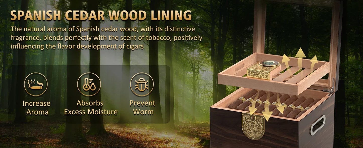 Premium Cedar Wood Cigar Humidor with Leather Case, Cigar Tube, Digital Hygrometer & 2 Humidifiers - Luxury Gift Set