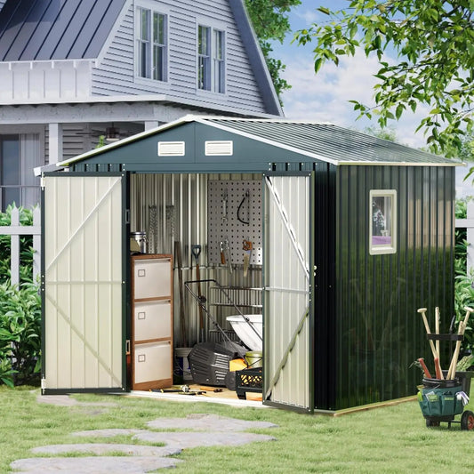 8x6FT Outdoor Steel Storage Shed with Clear Window, Lockable Doors,