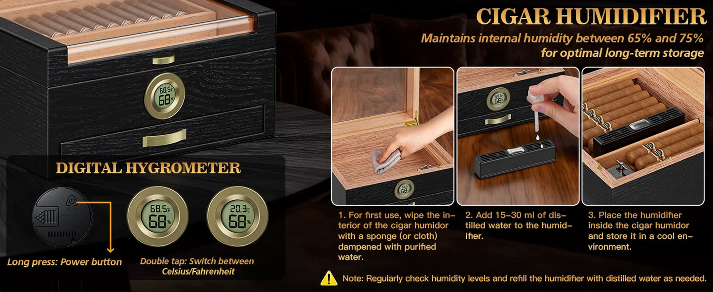 Cigar Humidor with Music Box System Cigar Humidor  and Cedar Wood Tray-Transparent Top Desktop Humidor Digital Hygrometer & Humidifier