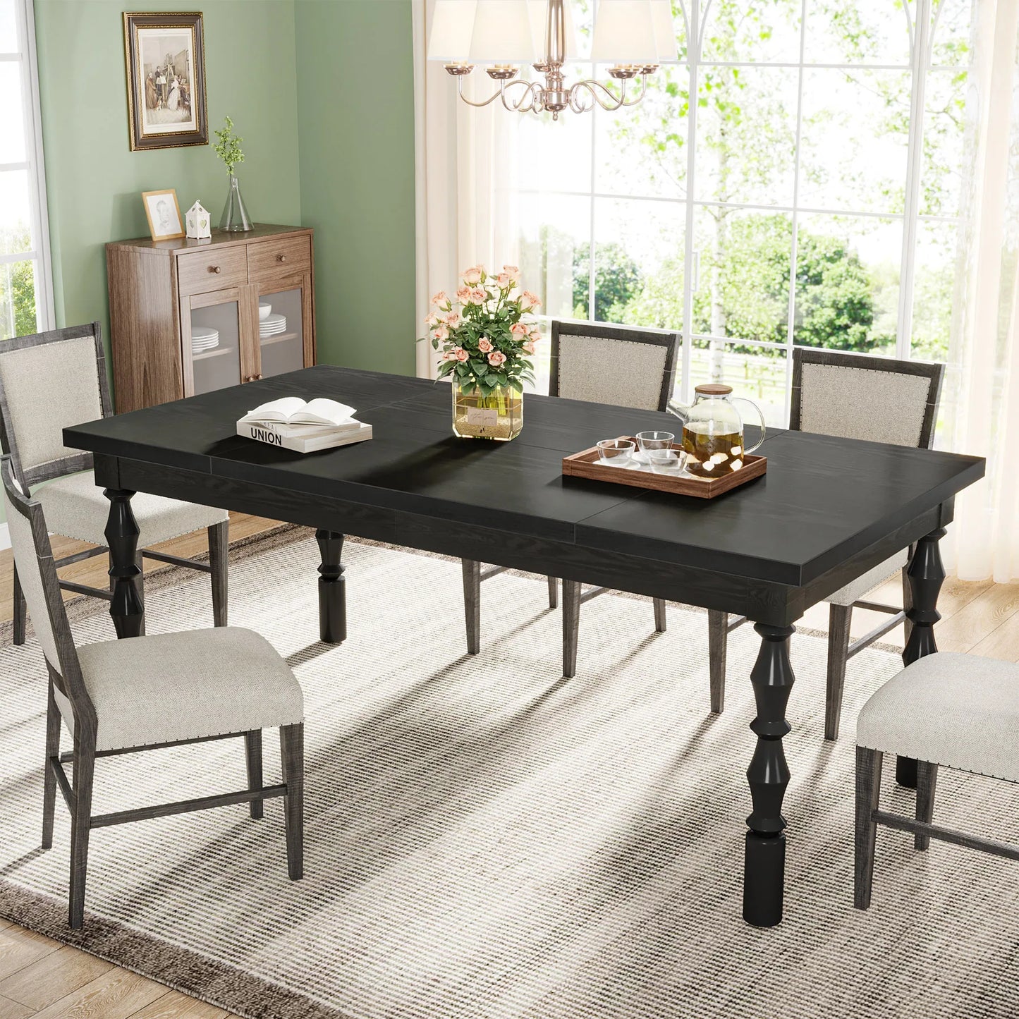 62” Wood Patio Table for 4-6 People, Farmhouse Large Indoor