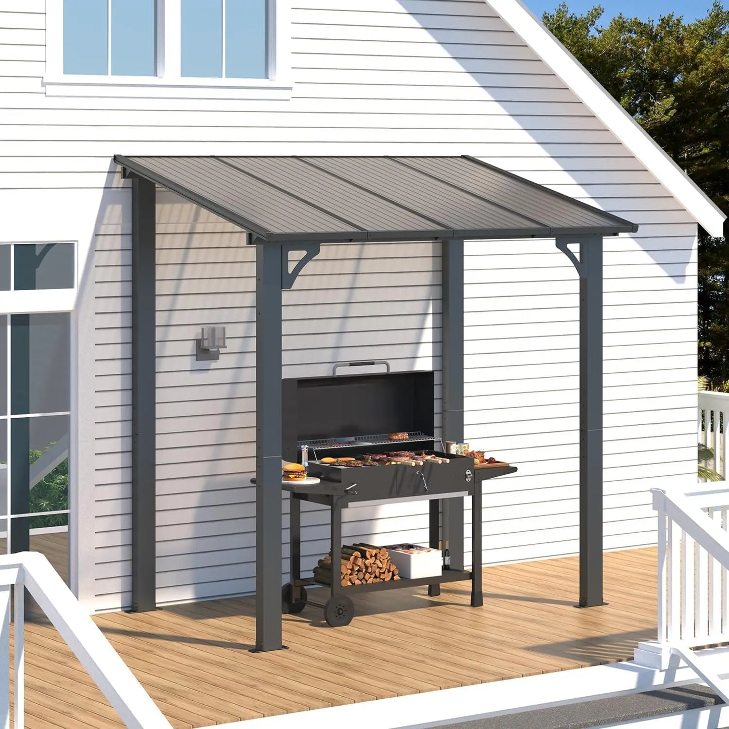 8' x 5' Grill Gazebo Outdoor Pergola for Patio, 5x8 Lean to Hard Top Grill Gazebo