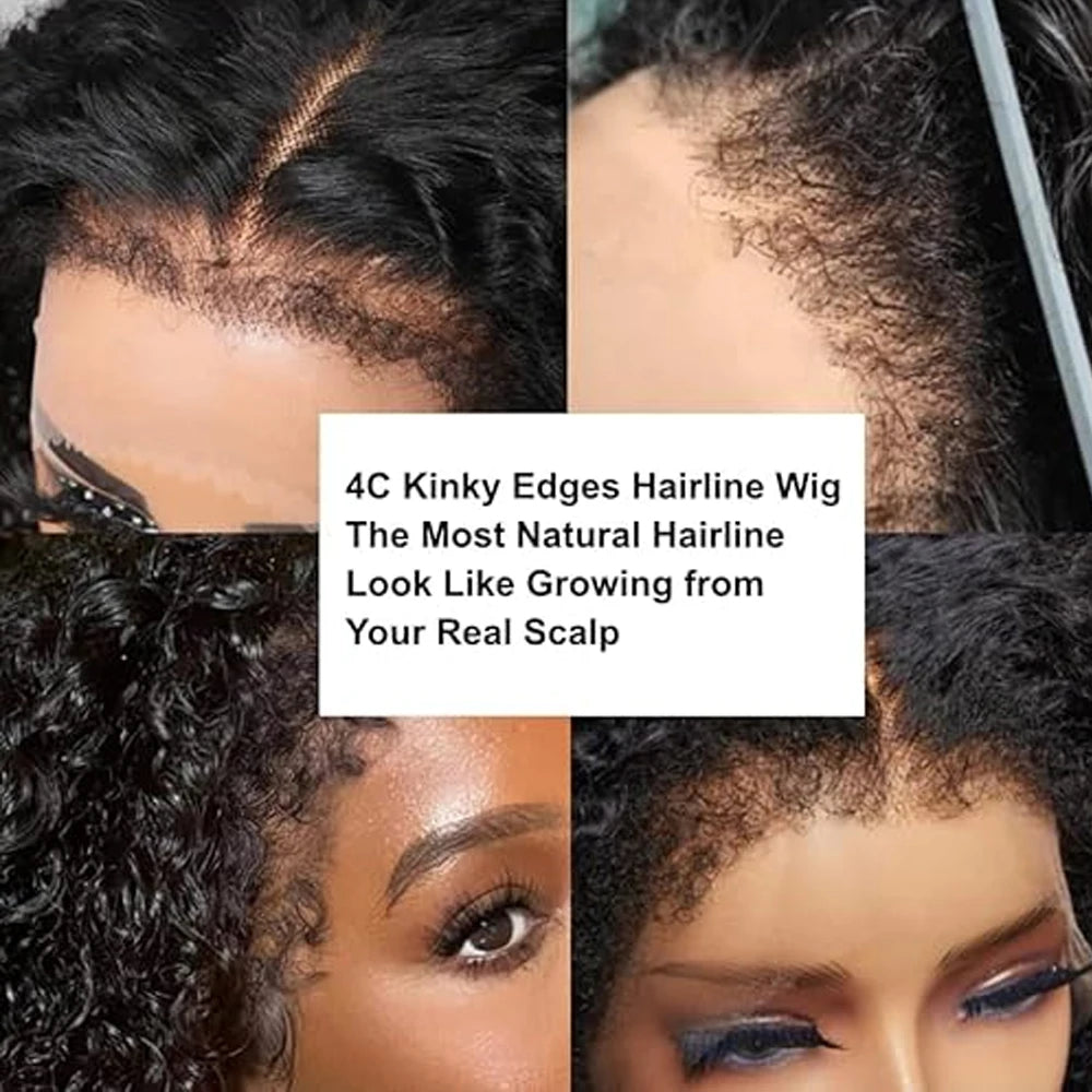 Short Bob Kinky Curly Human Hair Frontal Wig 4C Edges  Closure