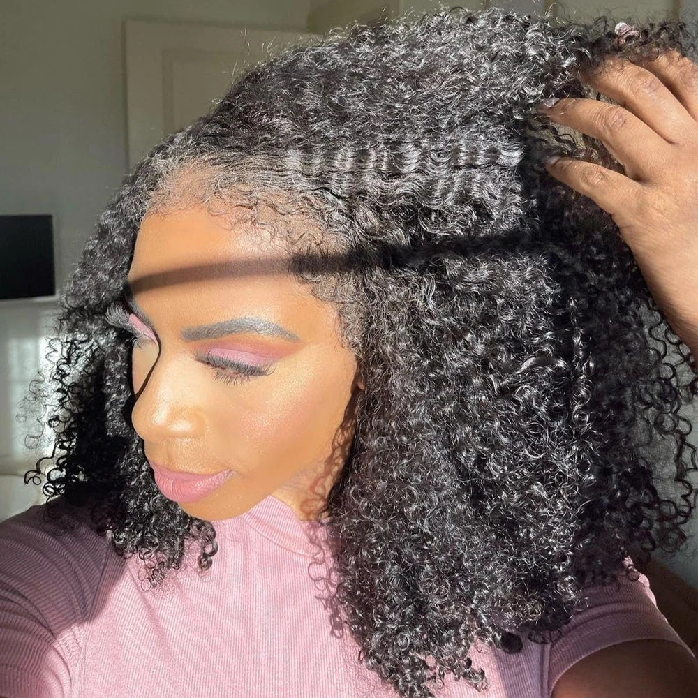 Short Bob Kinky Curly Human Hair Frontal Wig 4C Edges  Closure