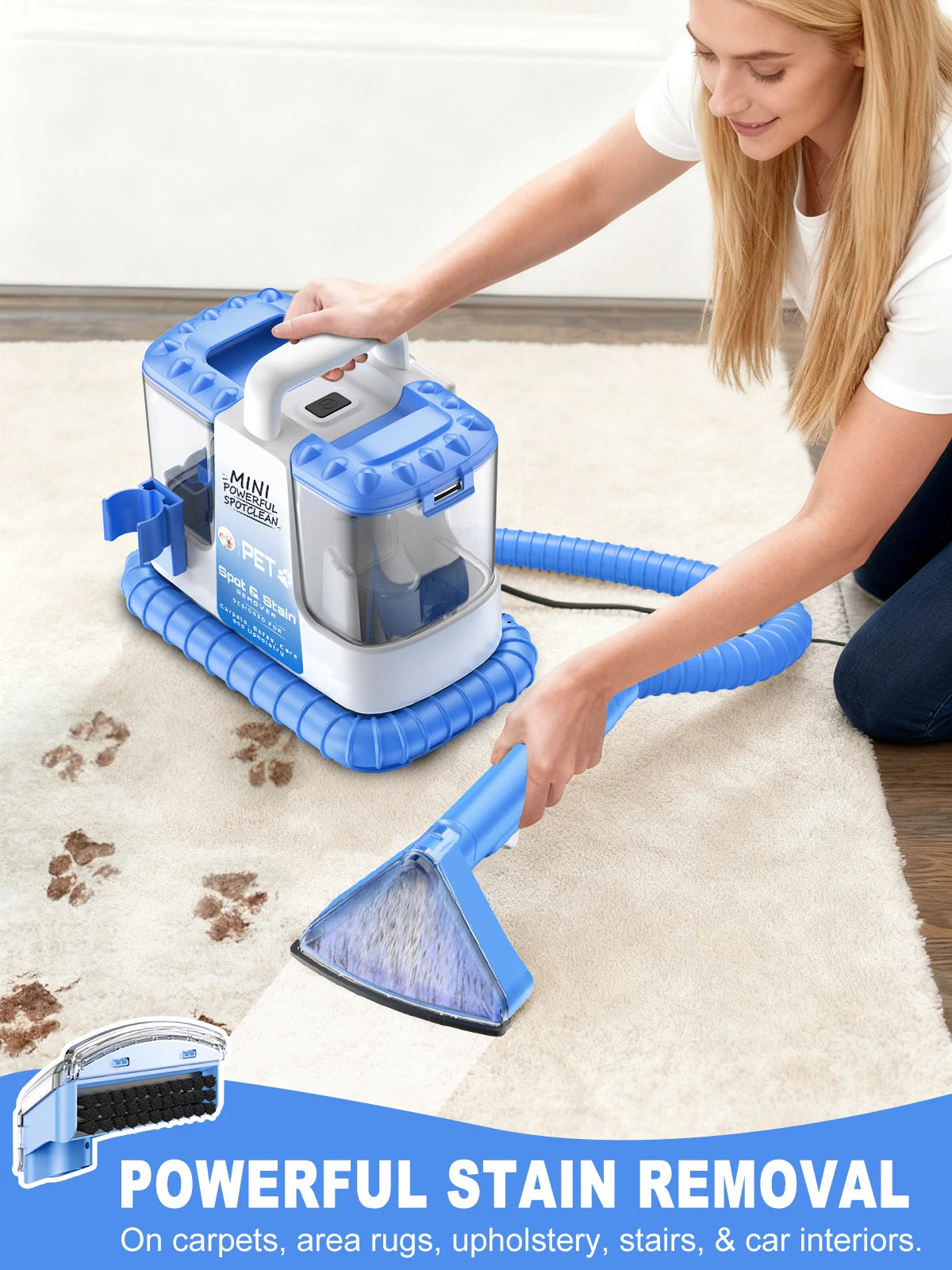 Carpet + Upholstery Cleaner Machine, 20Kpa Powerful Suction w/ 5 Cleaning Tools,