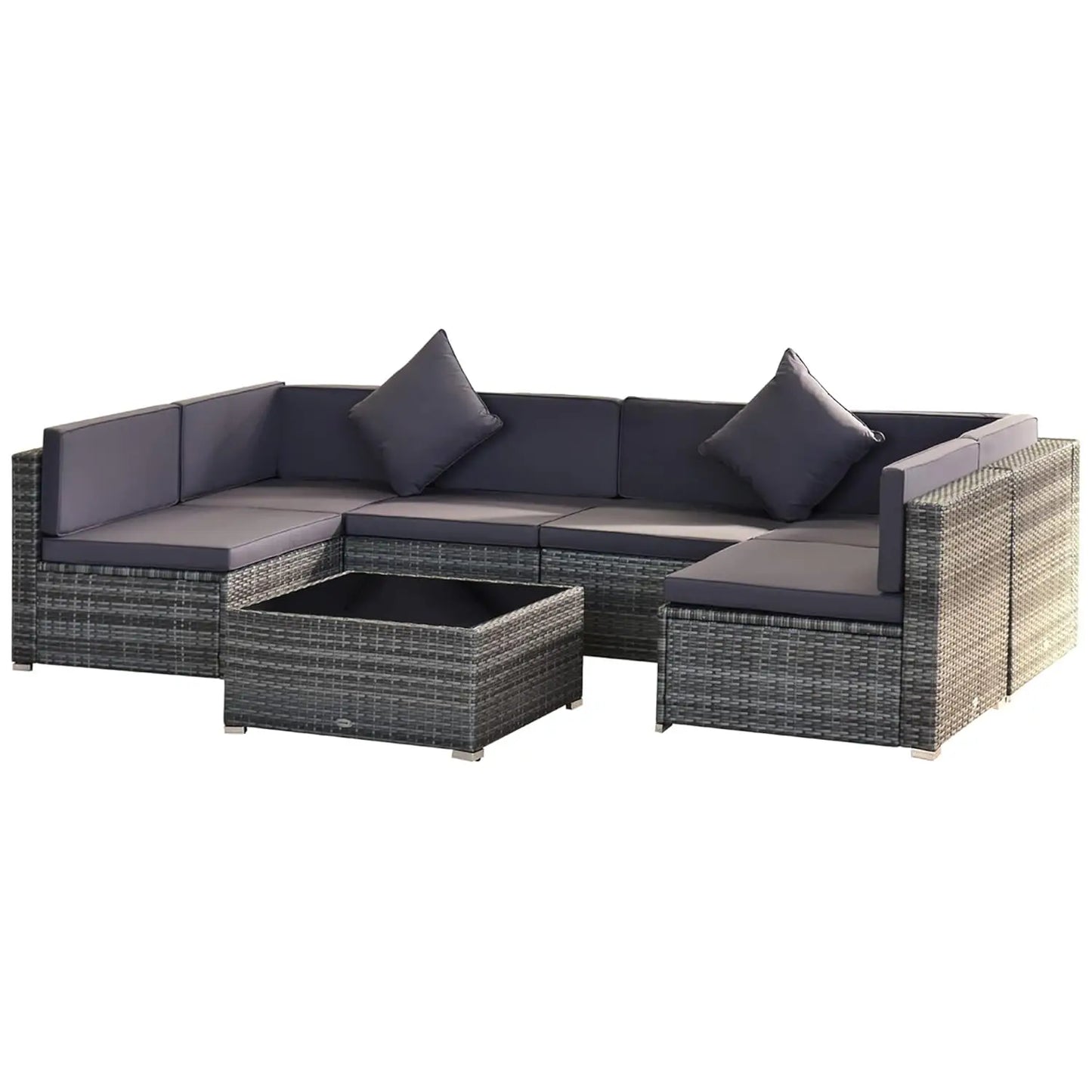 7pc PE Rattan Sectional Sofa All Weather Cushions Tempered Glass Tabletop
