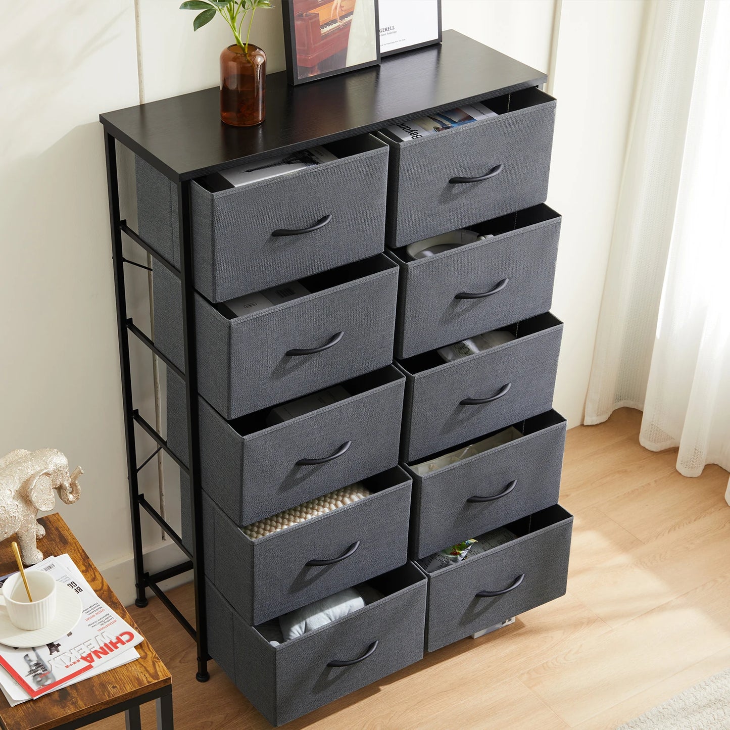 Bedside Table For Bedroom With 10 Fabric Drawers Nightstand Storage