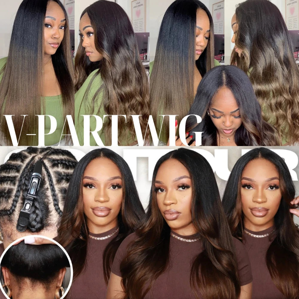 Straight V Part Wig Ombre Brown Color 100% Human Hair Wig