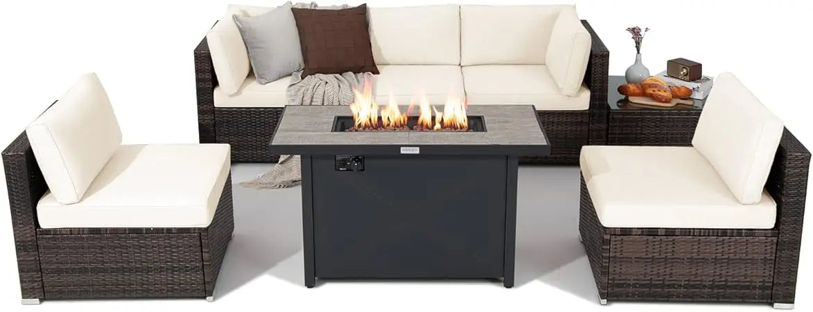 7 Piece Patio Furniture Set with Fire Pit Table, Includes  Fire Pit and Protective Cover,