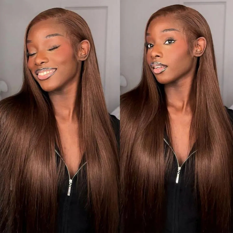 Chocolate Brown Human Hair Wig Colored Straight 13X6 Hd Lace Frontal Wig