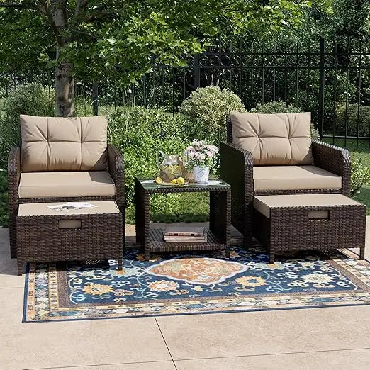 Balcony Furniture 5 Piece Patio Conversation Set,  PE Wicker Rattan Outdoor Lounge Chairs with Soft Cushions 2 Ottoman&Glass Tabl