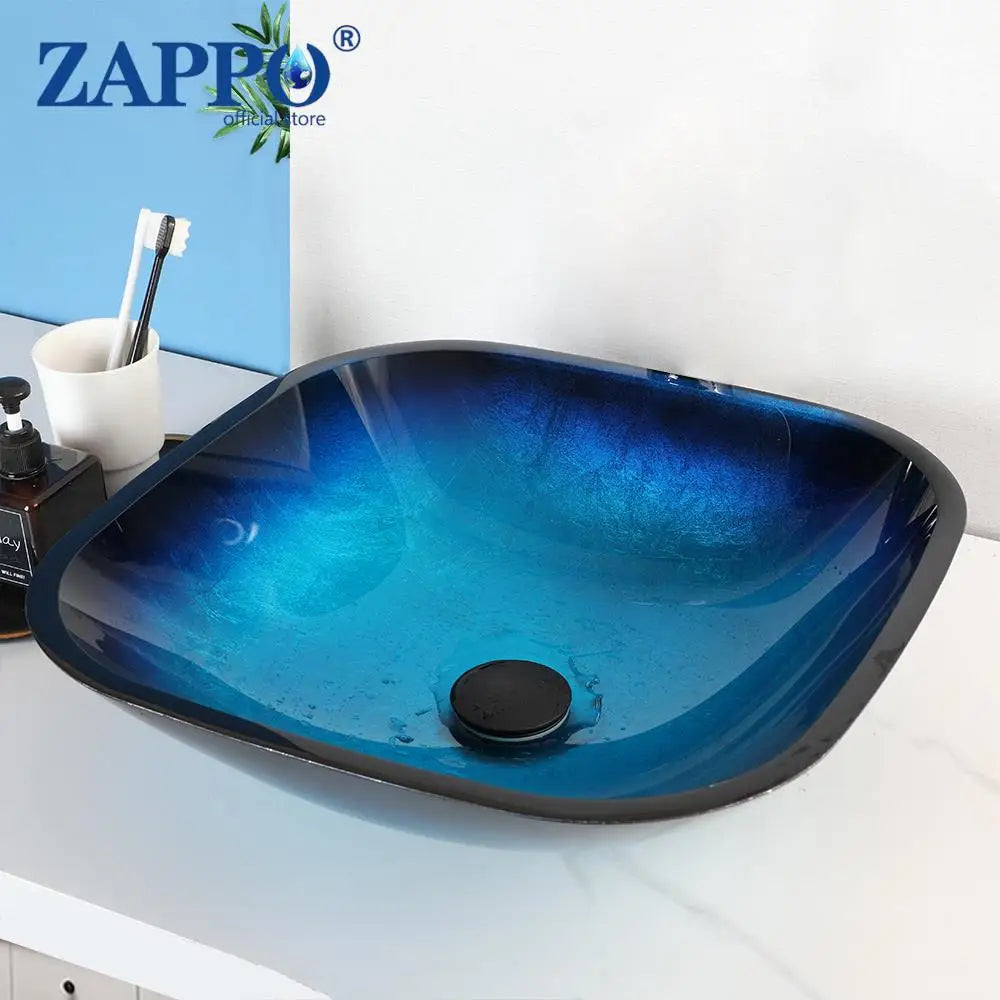 Tempered Glass Bathroom Vessel Sink with Waterfall Black Faucet