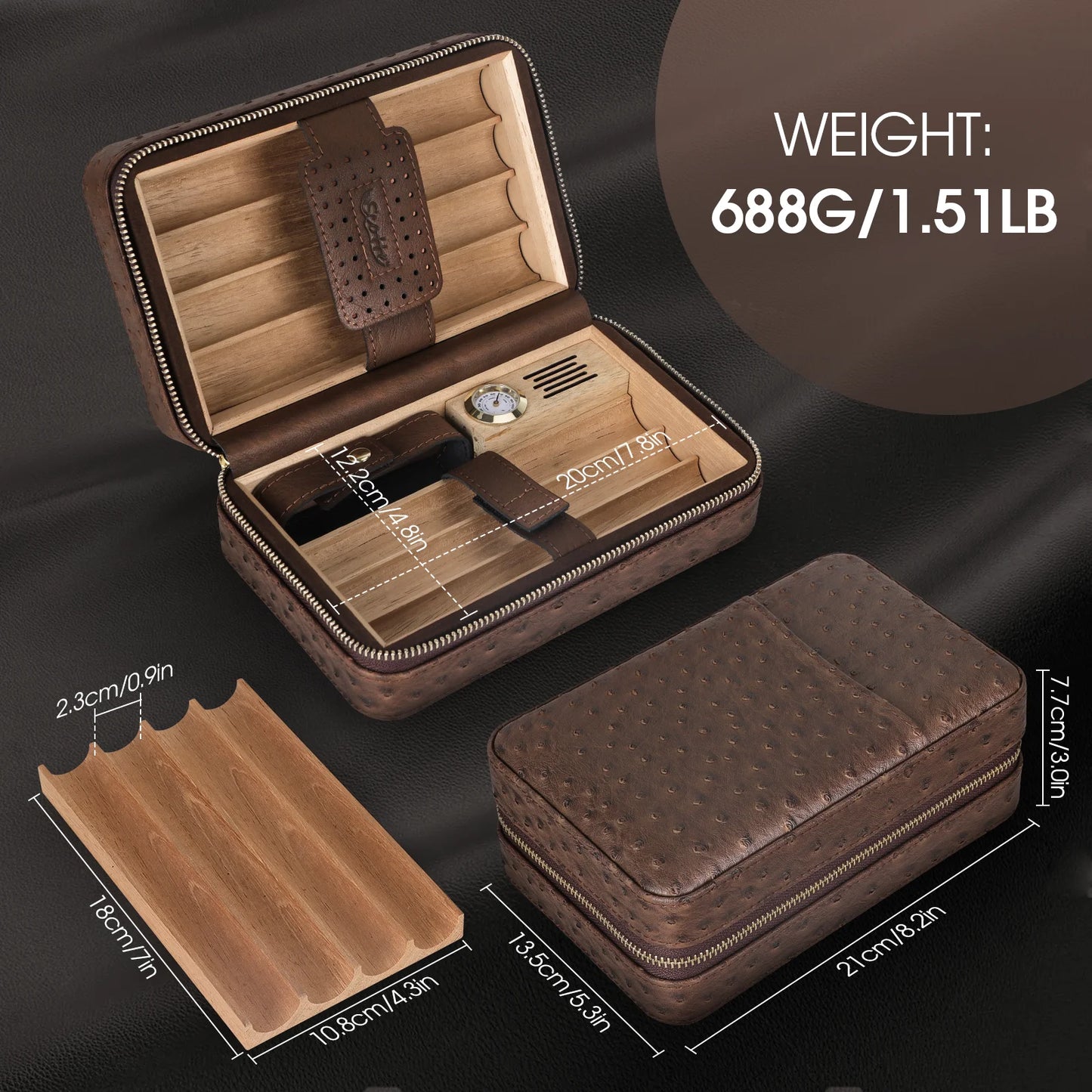 Cigar Humidor Box Cigar Lighter Cedar Wood Lined Leather Cigar Case