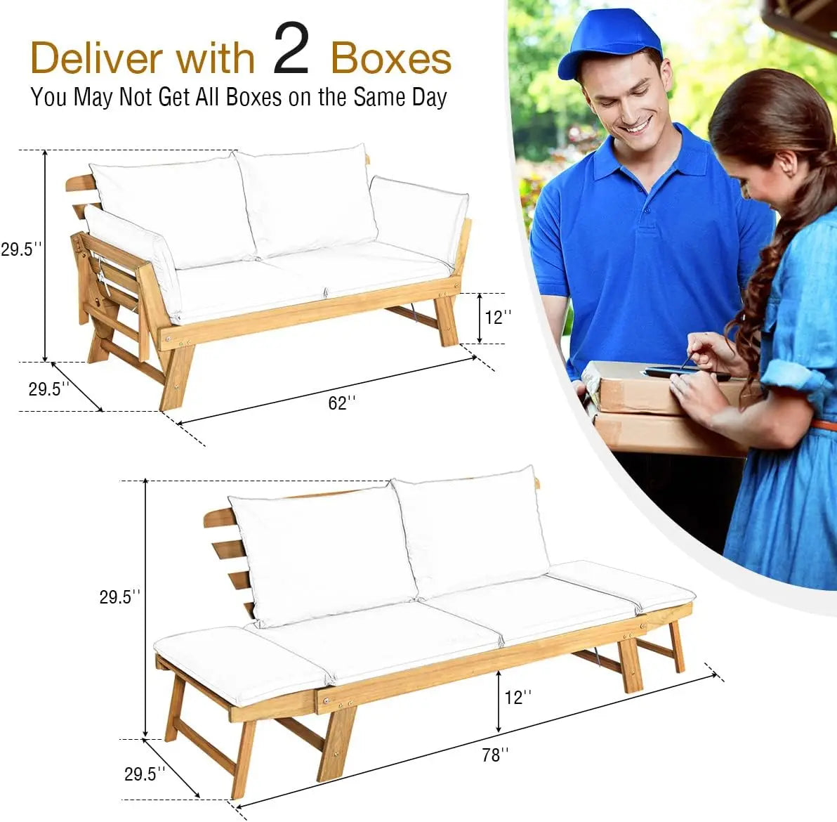 Convertible Acacia Wood Patio Couch Sofa Bed with Adjustable Armrest, Outdoor Daybed with Cushion & Pillows,