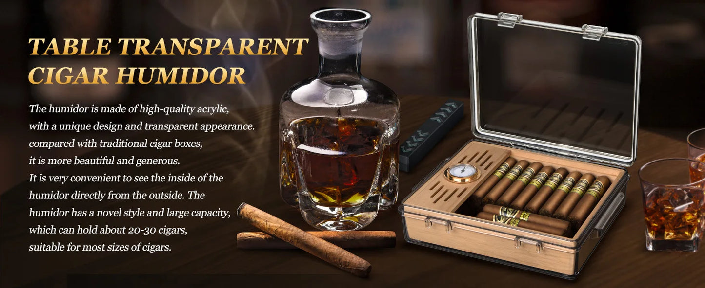Acrylic Cigar Humidor, Clear Cigar Humidor Box with Hygrometer, Humidifier and Cedar Wood Tray, Can Hold About 20-30 Cigars