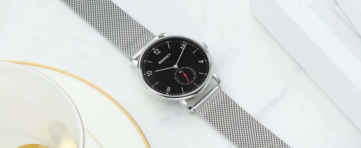BERNY Quartz Men's Watch  Quality 316L Stainless Steel  Top Slim Case Fashion Couple's Wristwatch Simple Casual Men/Women Watches