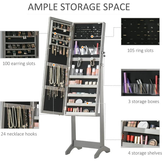 Floor standing jewelry cabinet with led light, lockable jewelry organizer