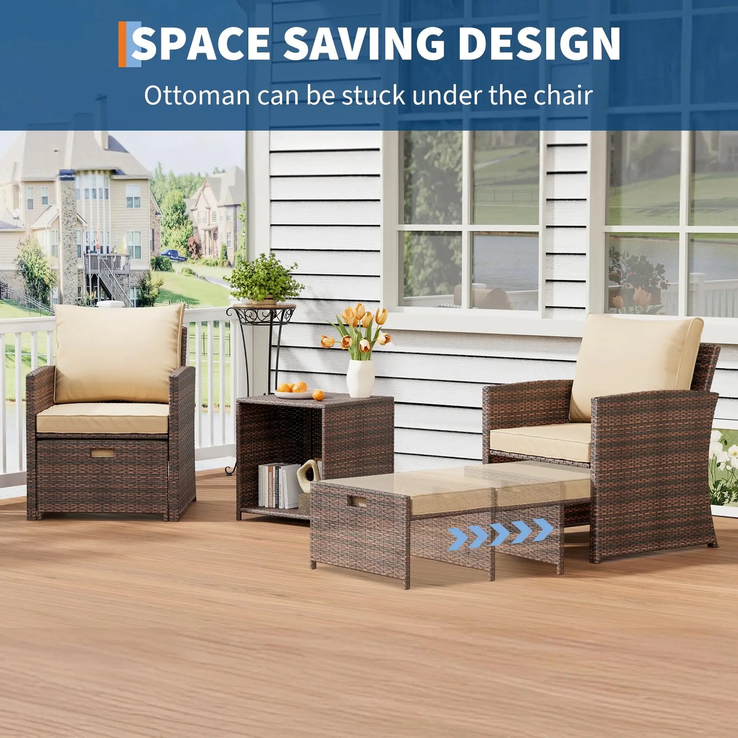 5-Piece All-Weather Pe Rattan Patio Set, Wi High Back Chair with 2 Ottomans & Table, Soft Cushions For Garden & Porch