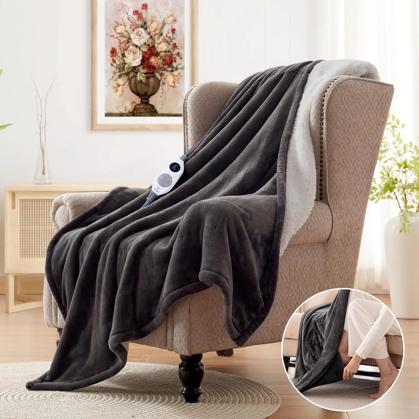 Electric Blanket with Foot Pocket for Adults Ultra Soft Flannel