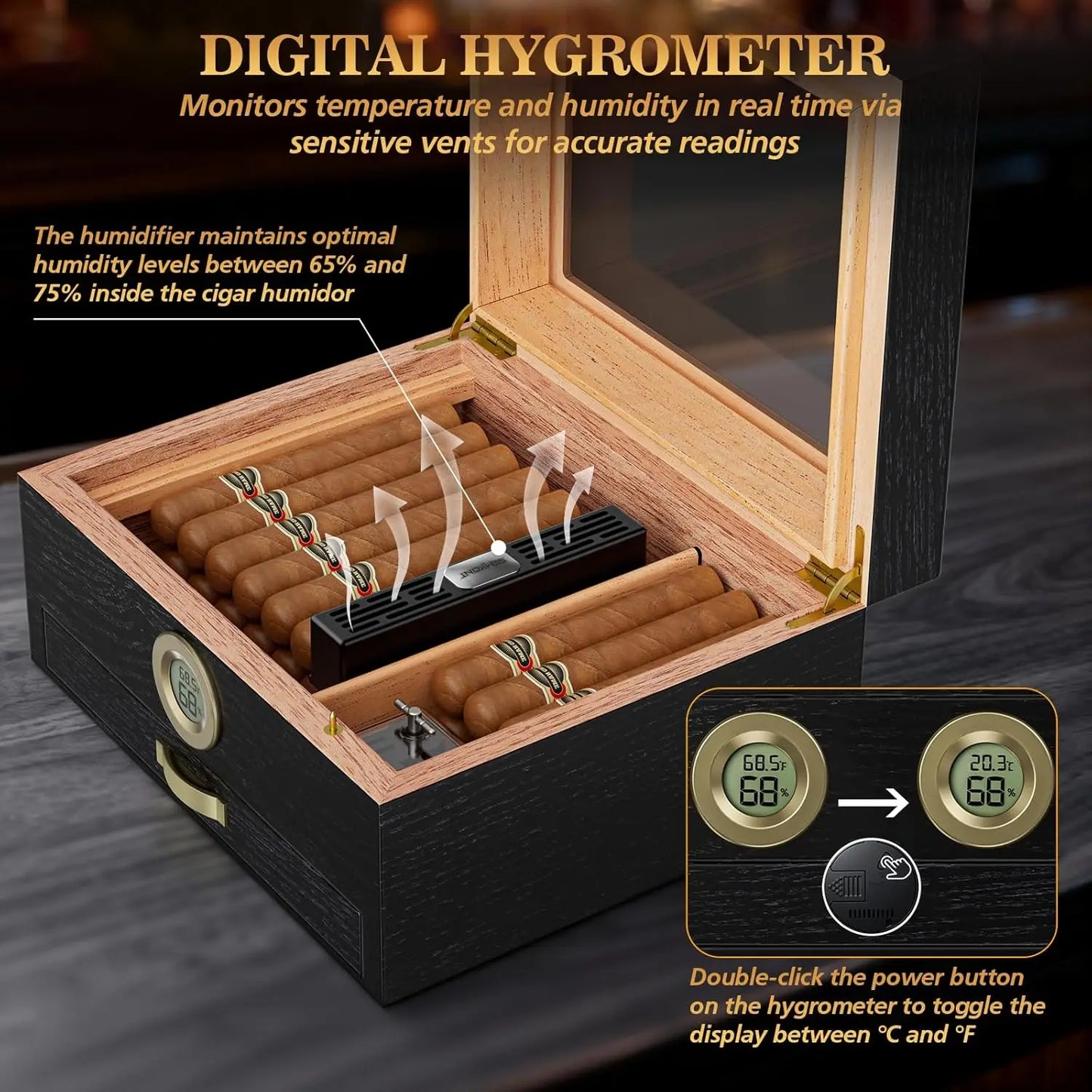 Cigar Humidor with Music Box System Cigar Humidor  and Cedar Wood Tray-Transparent Top Desktop Humidor Digital Hygrometer & Humidifier