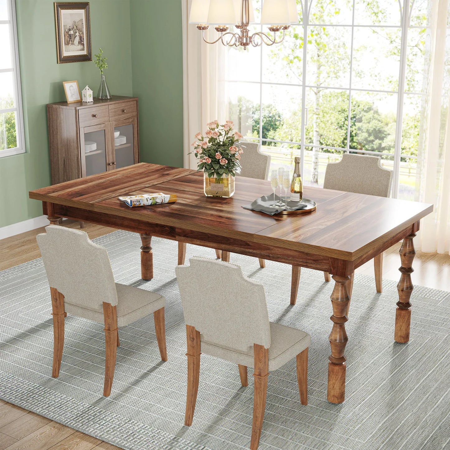 62” Wood Patio Table for 4-6 People, Farmhouse Large Indoor