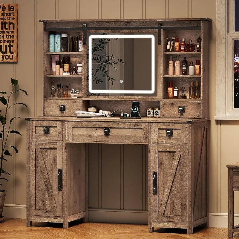 Vanity Desk with Lights, 47.2" Farmhouse Vanity Table with Sliding Mirror