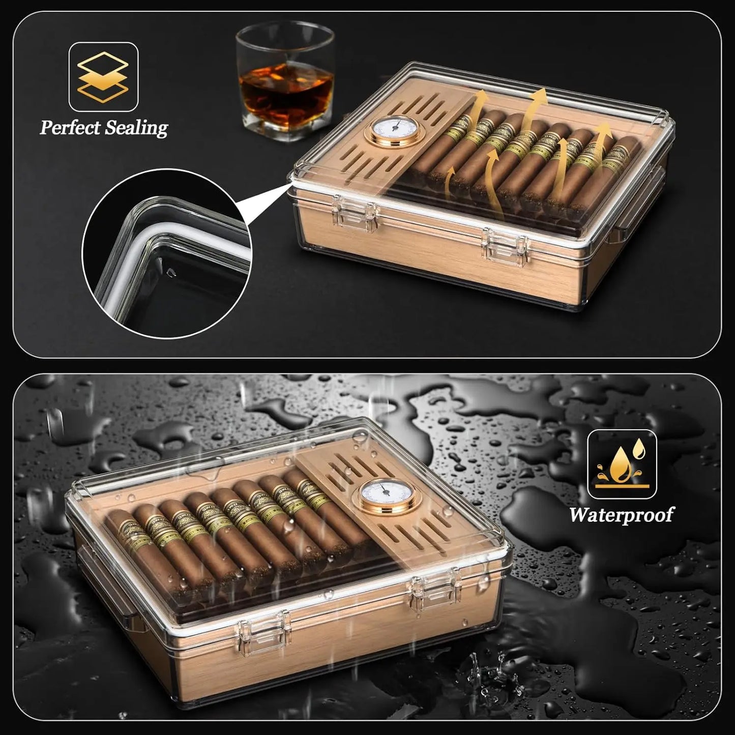 Acrylic Cigar Humidor, Cigar Box with Hygrometer, Humidifier and Cedar Wood Tray, Desktop Cigar Case Can Hold About 20-30 Cigars