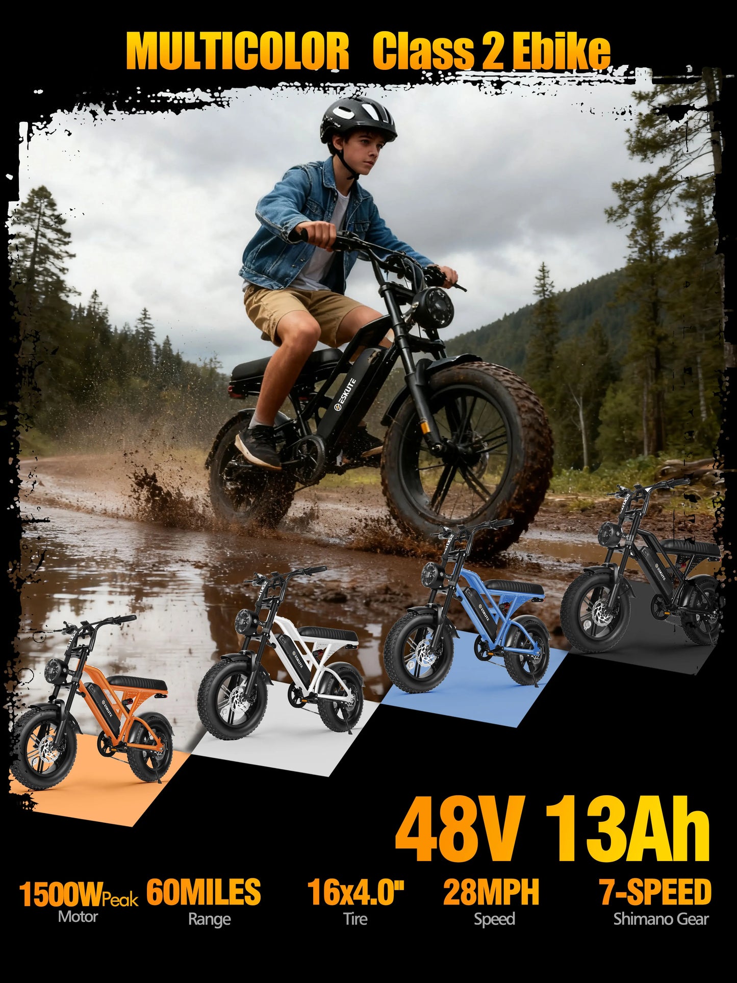 V100 Electric Bike, 1500W Peak 28MPH 48V13Ah Motorcycle,