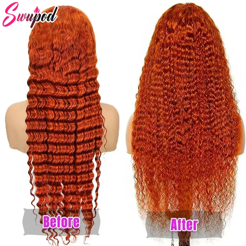 220% Density Transparent HD Lace Front Wig Wave Remy Human Hair Ginger Orange 350# Loose Curly