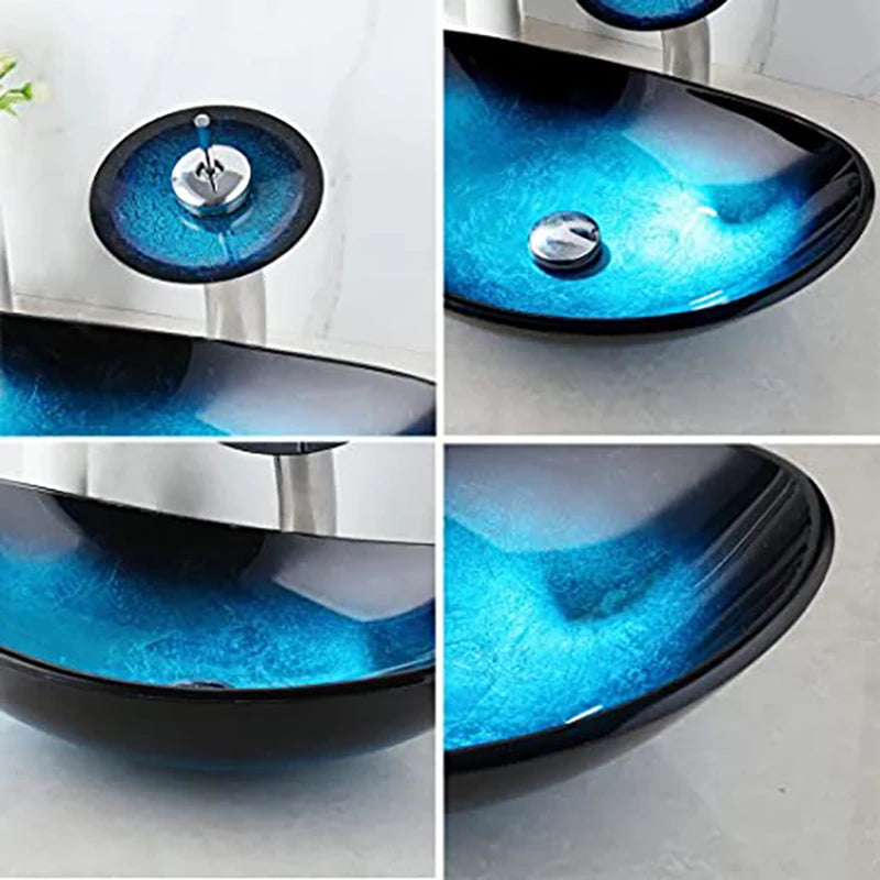 Tempered Glass Bathroom Vessel Sink with Waterfall Black Faucet