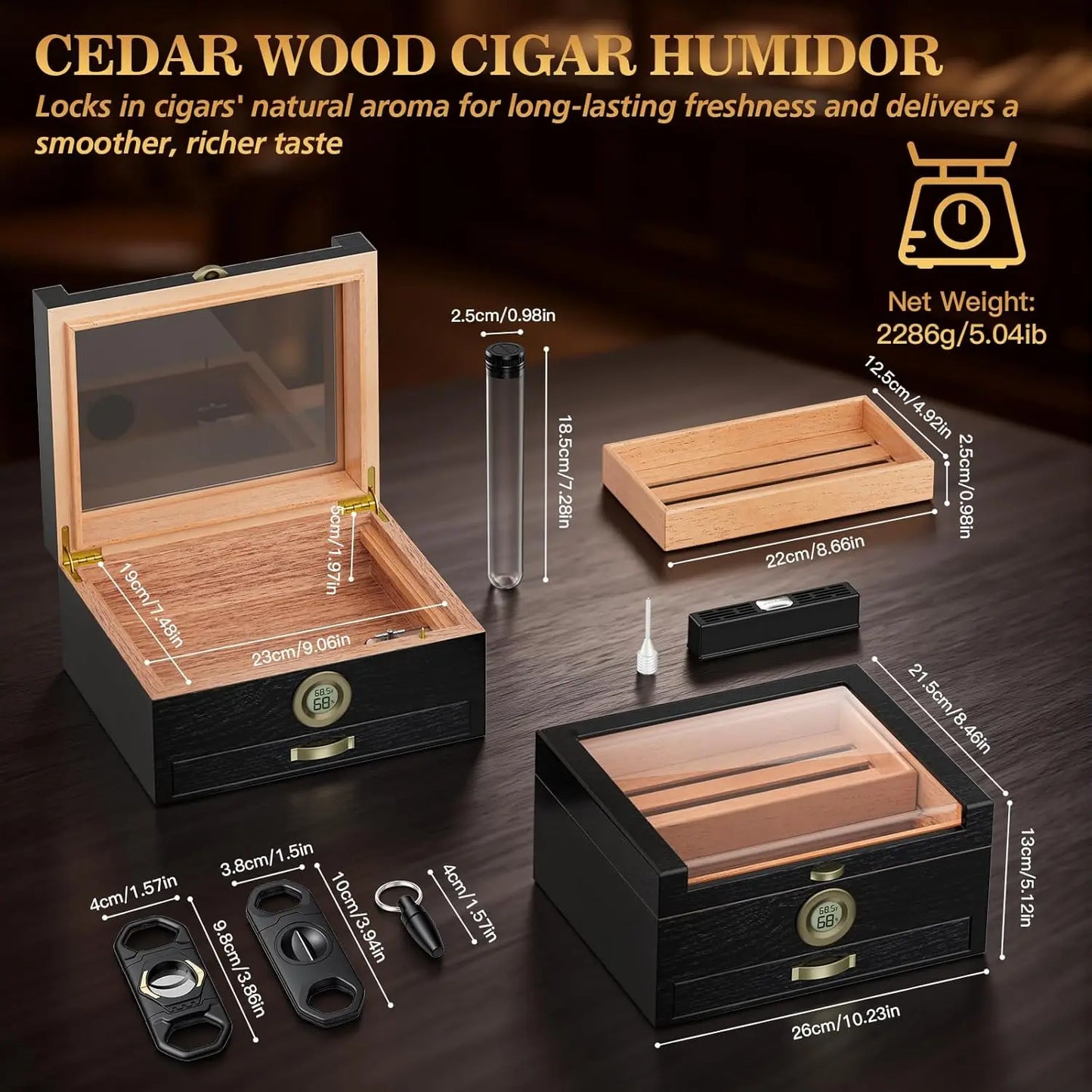 Cigar Humidor with Music Box System Cigar Humidor  and Cedar Wood Tray-Transparent Top Desktop Humidor Digital Hygrometer & Humidifier
