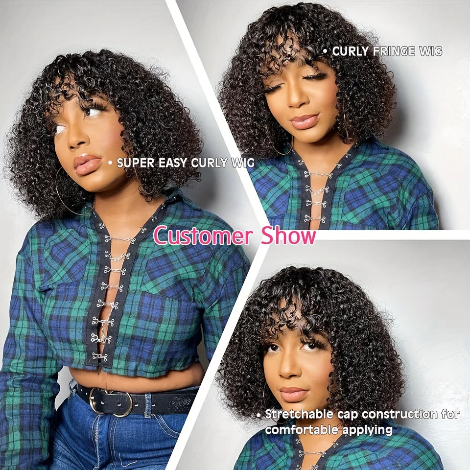 Bob Wig Machine Made Curly Human Hair Wig With Bangs 3x1 Lace Closure Bob Wig