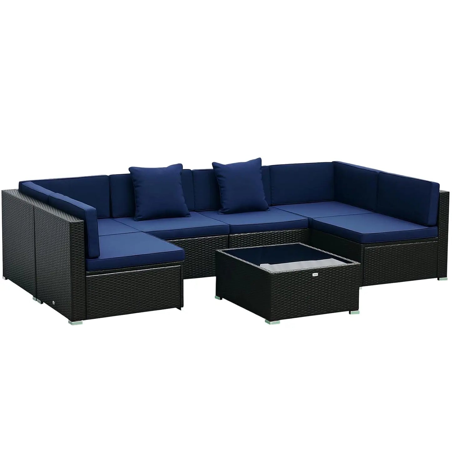 7pc PE Rattan Sectional Sofa All Weather Cushions Tempered Glass Tabletop