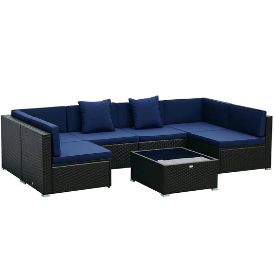 7pc PE Rattan Sectional Sofa All Weather Cushions Tempered Glass Tabletop