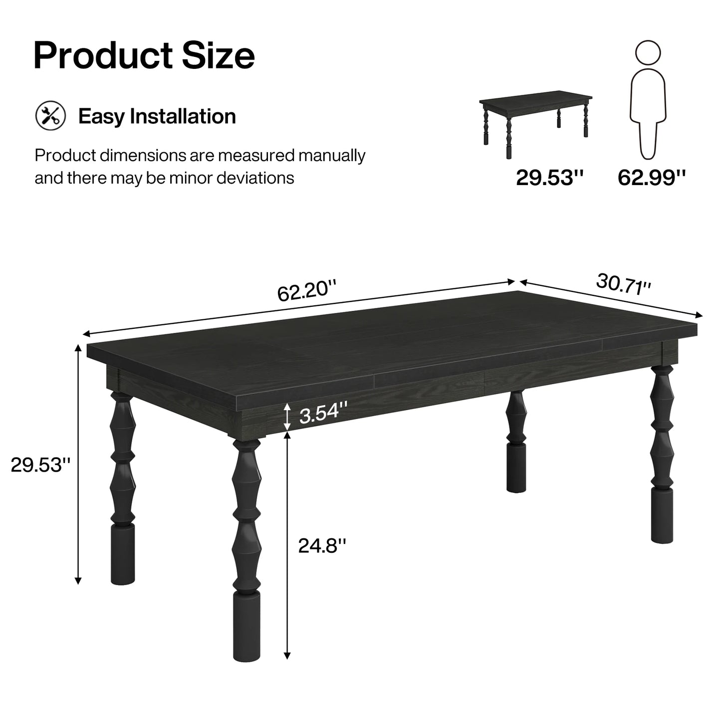 62” Wood Patio Table for 4-6 People, Farmhouse Large Indoor