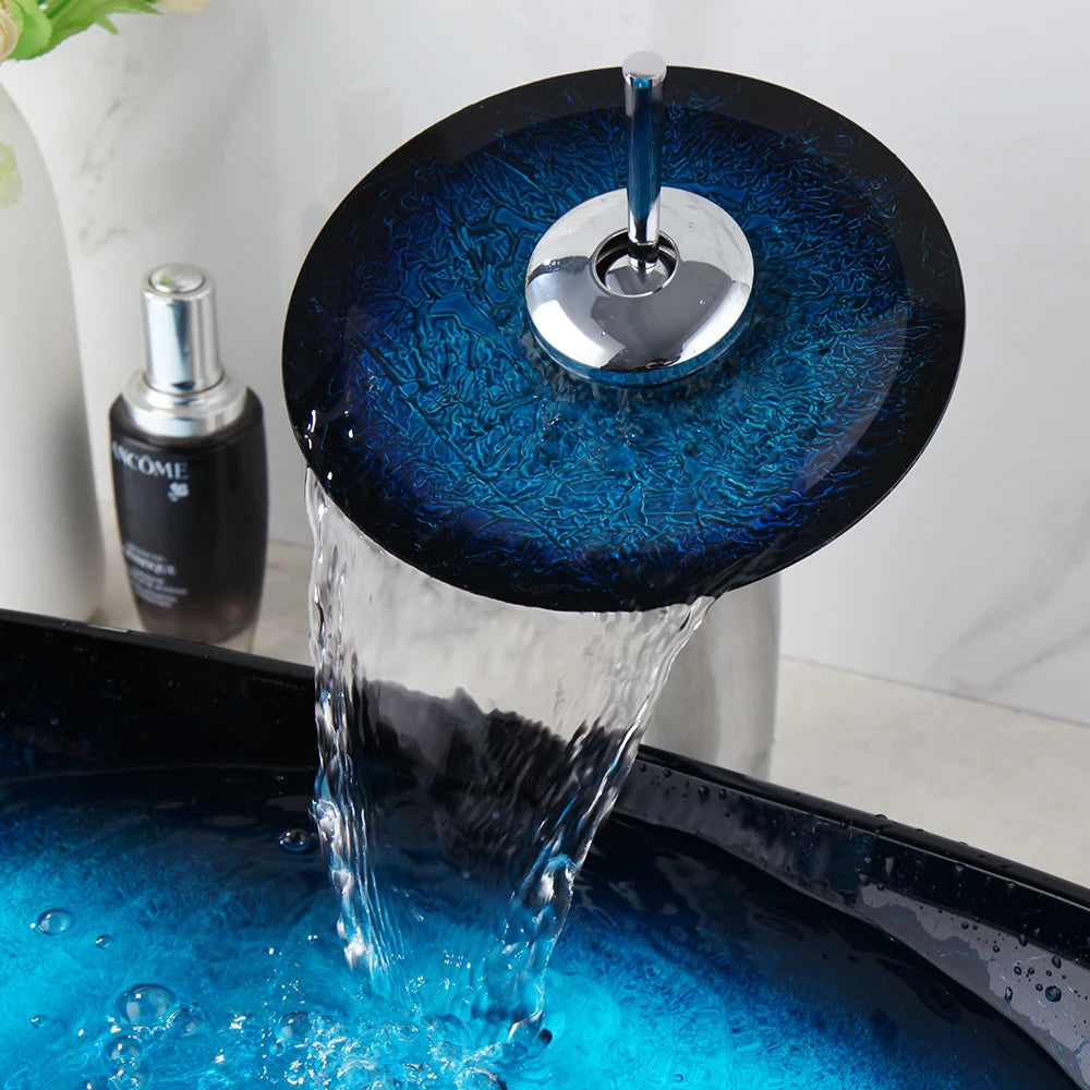 Tempered Glass Bathroom Vessel Sink with Waterfall Black Faucet
