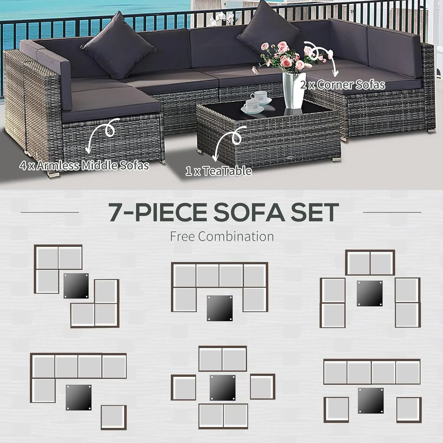 7pc PE Rattan Sectional Sofa All Weather Cushions Tempered Glass Tabletop