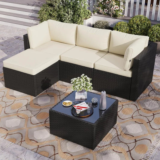 2026：Outdoor Patio Furniture , 5-Rattan Pieces  All-Weather Sectional