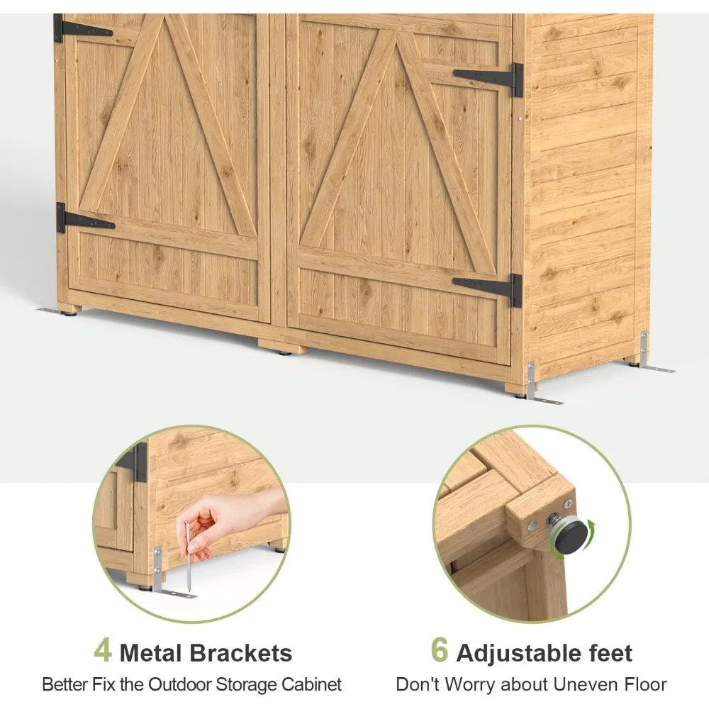 Outdoor Wooden Storage Cabinet w/Waterproof Roof, Double Lockable Doors