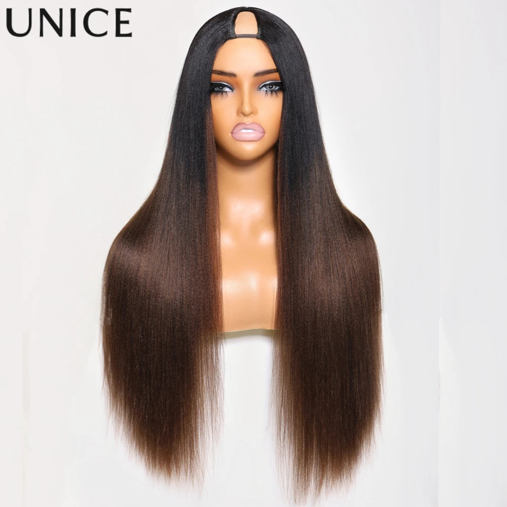 Straight V Part Wig Ombre Brown Color 100% Human Hair Wig