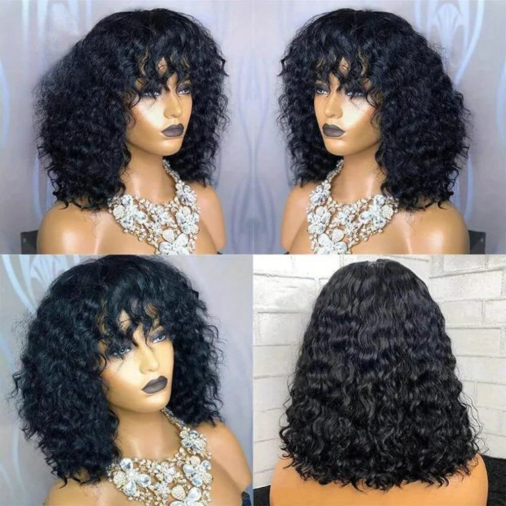 Bob Wig Machine Made Curly Human Hair Wig With Bangs 3x1 Lace Closure Bob Wig