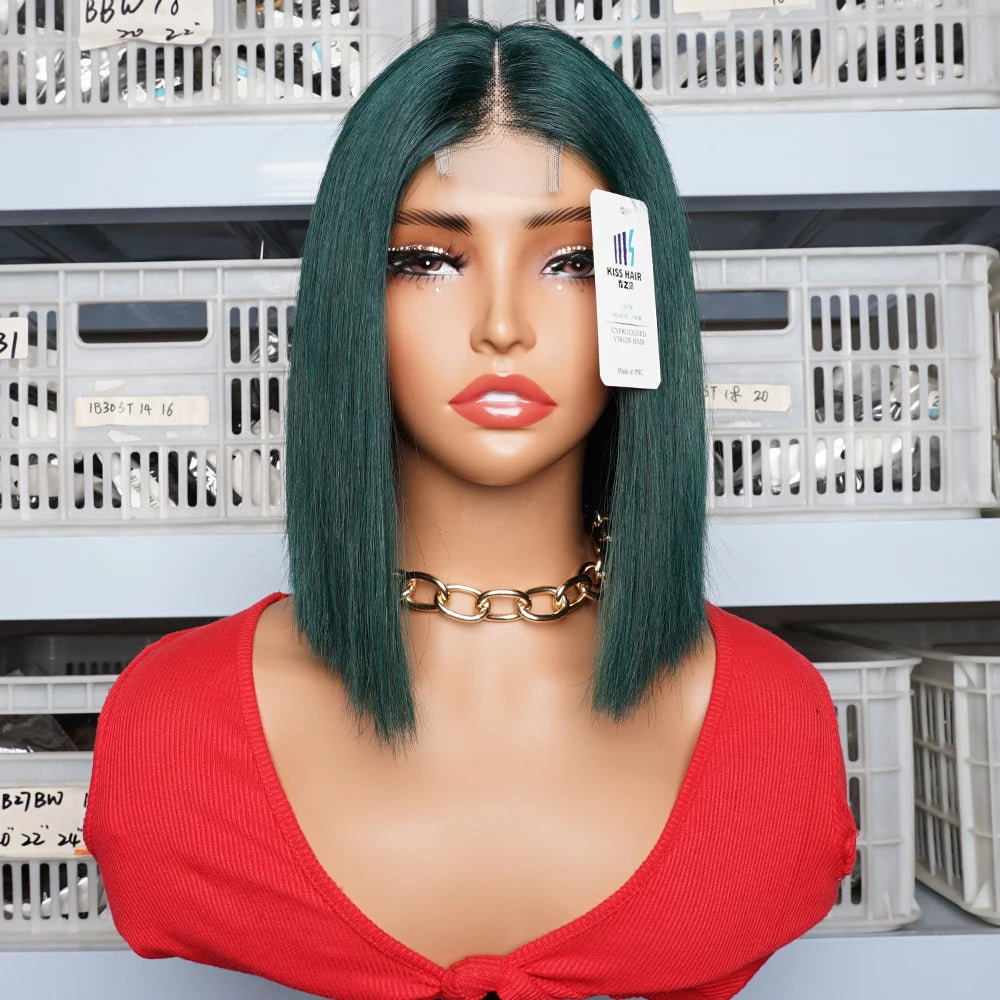 Green Short Bob Wig 2*4 Lace Wig Middle Part 300% Bone Straight